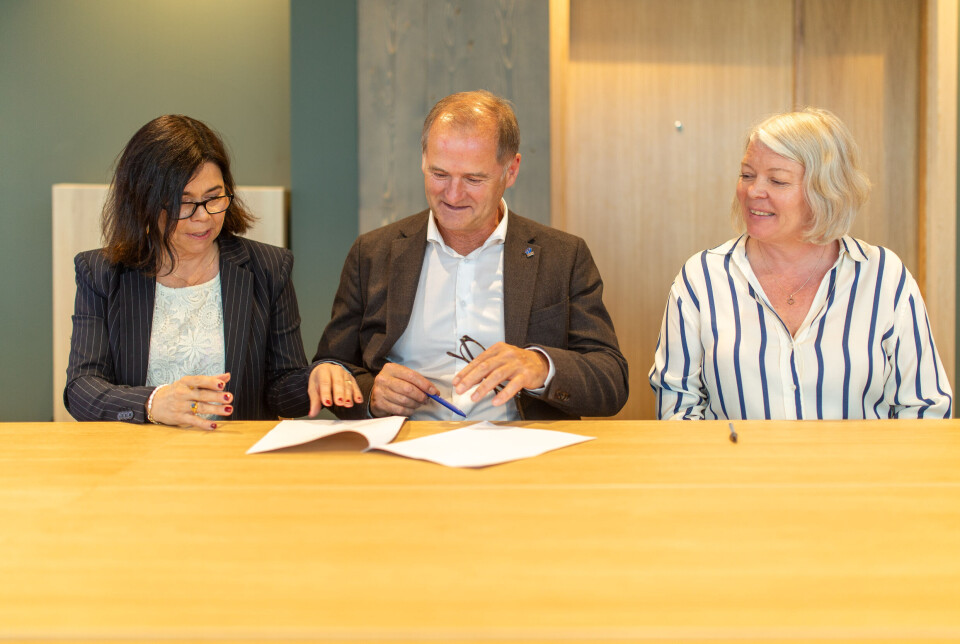 Styreleder i Bodø Havn, Inger-Hilde Wigen, havnedirektør i Tromsø Havn, Jørn-Even Hansen og havnedirektør i Harstad Havn Anne-Britt Bekken signerer avtalen med ASKO Maritime, som deltok og signerte digitalt.