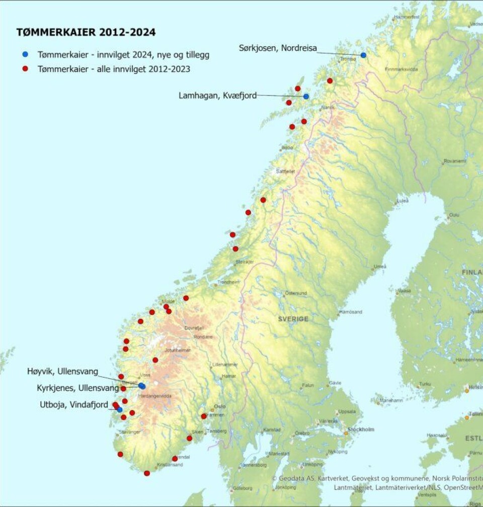 Kartet viser tømmerkaier som har fått støtte.