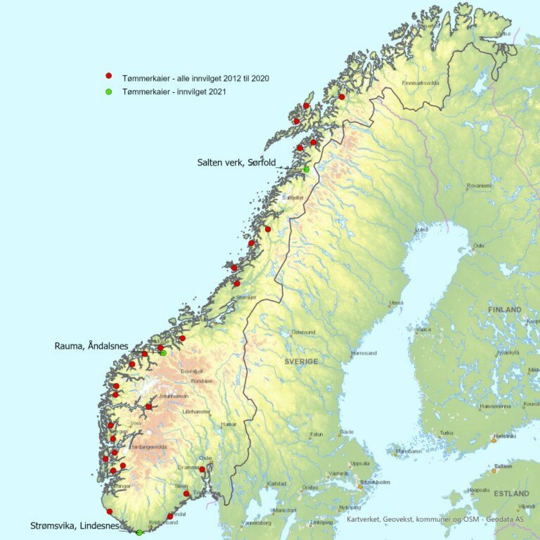 Kartet viser tømmerkaienes lokalisering der det er gitt tilskudd i perioden 2012-2021. De grønne punktene viser siste tildelingsrunde. Kartet viser tømmerkaienes lokalisering der det er gitt tilskudd i perioden 2012-2021. De grønne punktene viser siste tildelingsrunde.