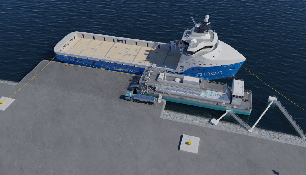 3D skisse av PSV og Azane Fuel Solutions bunkrings terminal. 3D skisse av PSV og Azane Fuel Solutions bunkrings terminal.